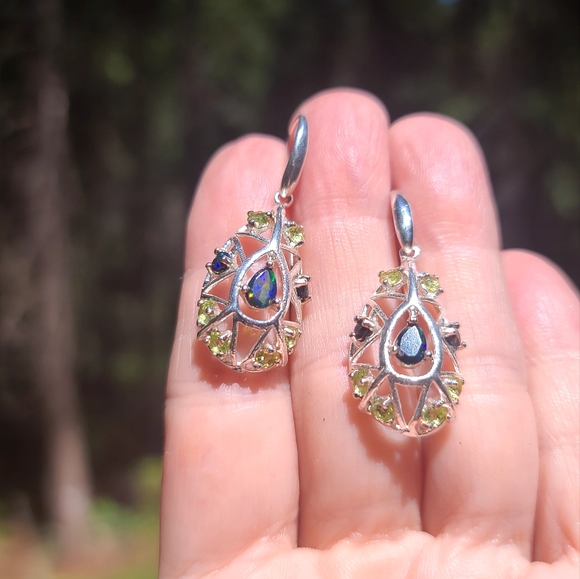 Peridot & Black opal 925 sterling silver earrings - Picture 4 of 8